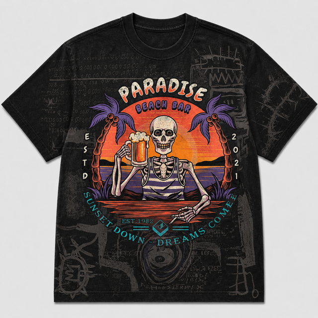 Surf Paradise Board Cotton T-Shirt - Black / Orange