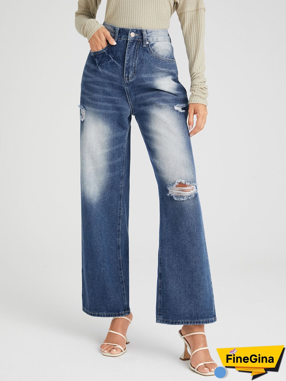 Ripped Faded Effect Washed Zipper Fly Wide Leg Jeans