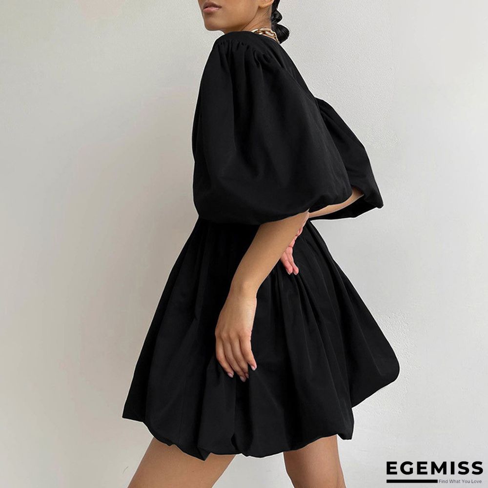 Bubble Sleeve Casual Women's Loose V-neck Short Sleeve Dress White Dresses | EGEMISS