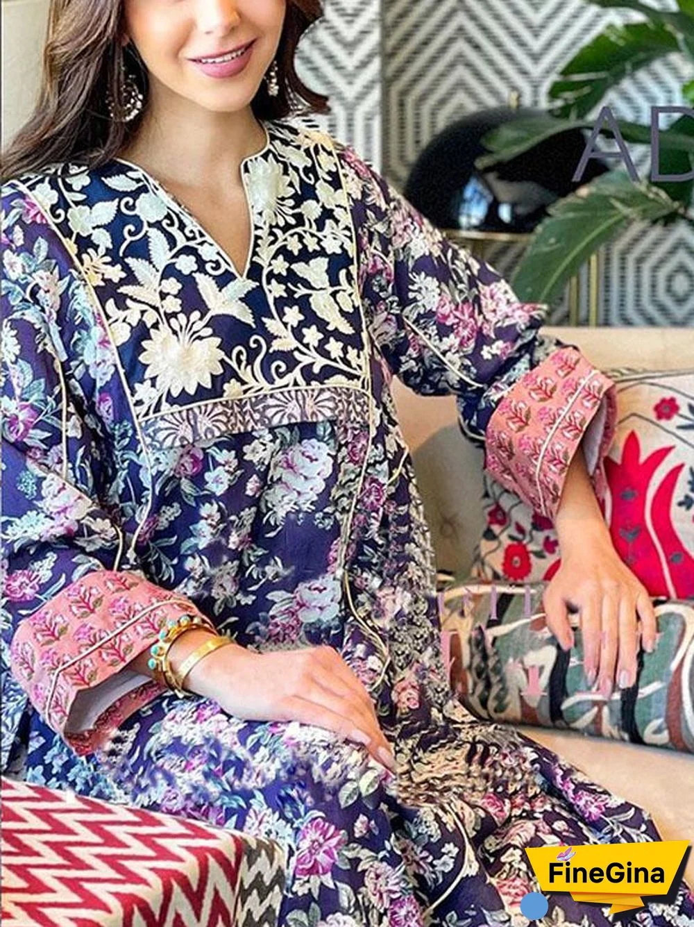 V Neck Flower Printed Long Sleeve Maxi Dress