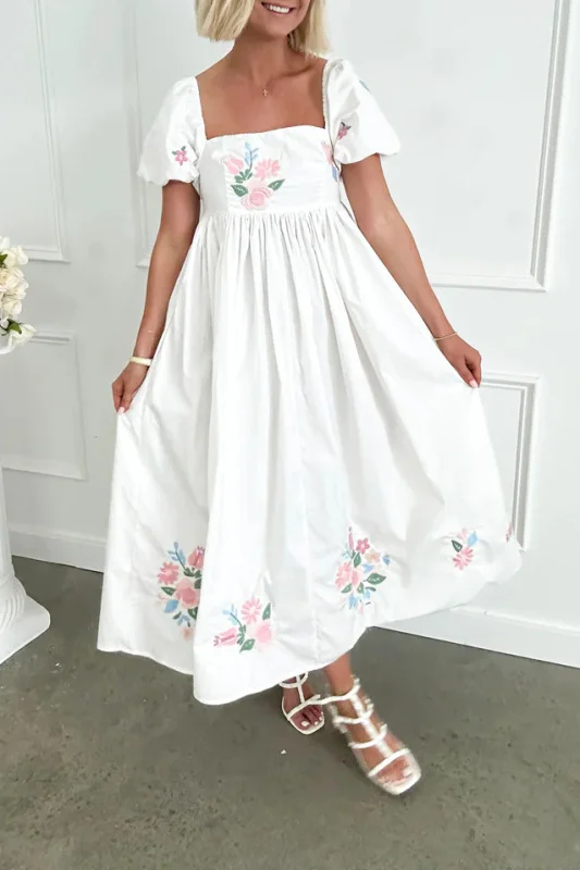 FLOURISH IN FLORAL WHITE EMBROIDERED MIDI DRESS