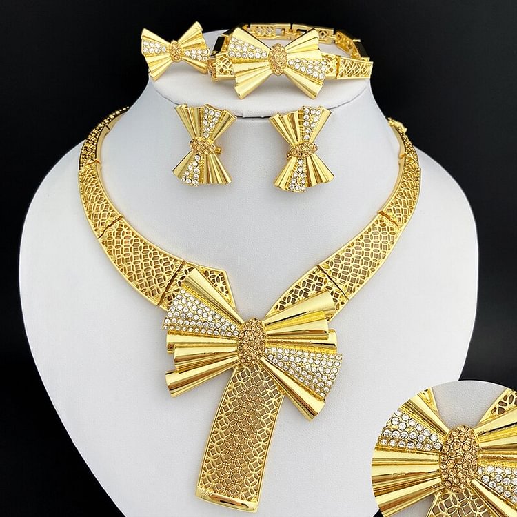 Dubai Gold Color Jewelry Sets For Women Bowknot Shape Necklace Earrings Big Bracelet