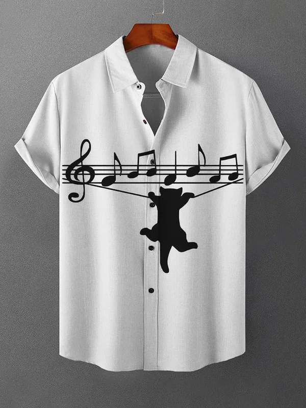 Men's Musical Note Black Cat Art Print Casual Shirt