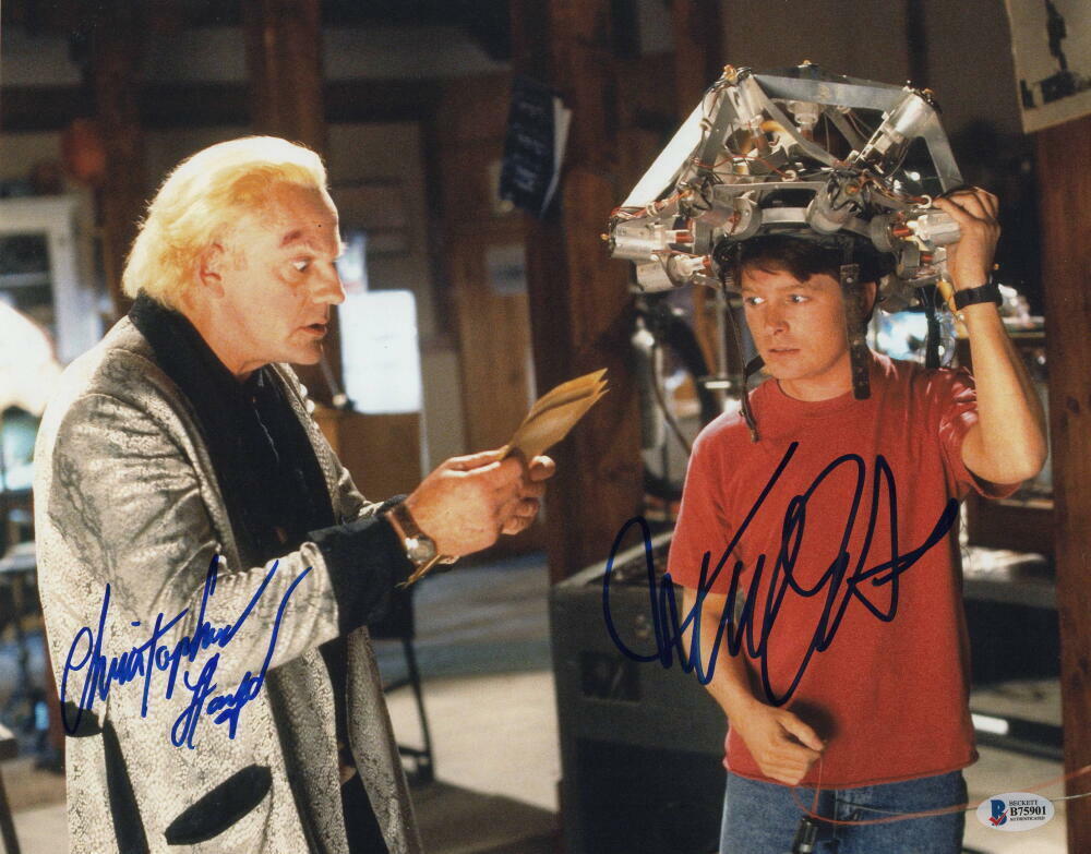 MICHAEL J FOX & CHRISTOPHER LLOYD CAST SIGNED AUTOGRAPH 11x14 Photo Poster painting C - BECKETT