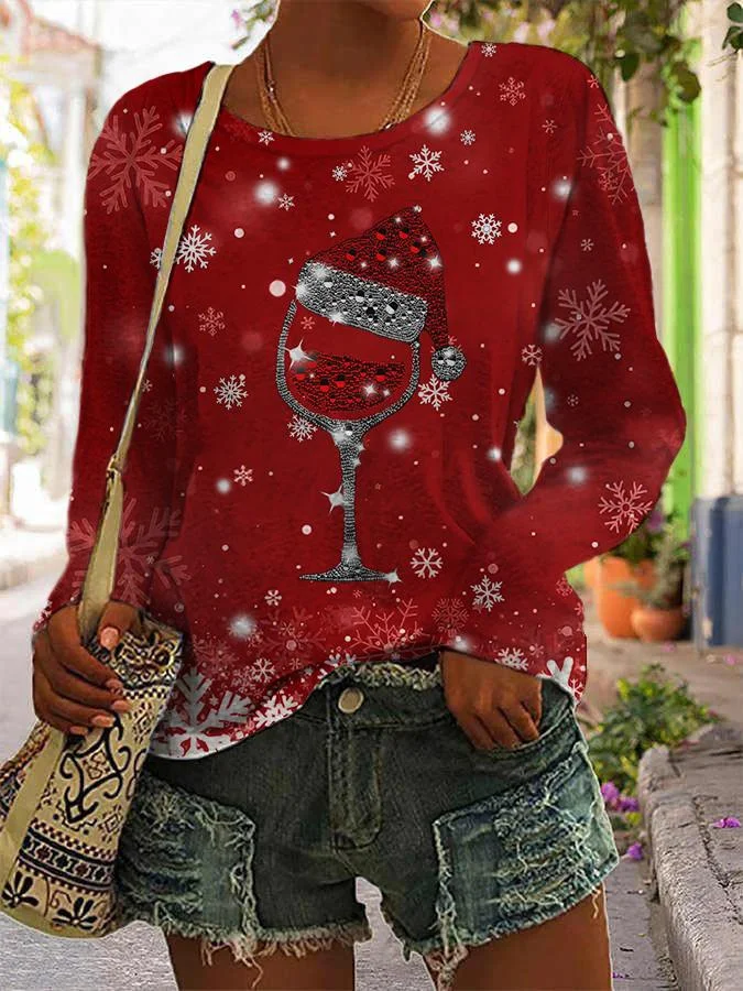 Women's Christmas Red Wine Glass Printed Top