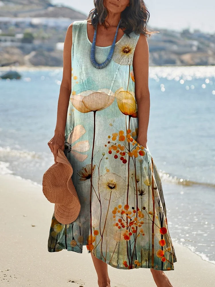 Women's Elegant Flowers Art Print Casual Pocket Pinafore Linen Dress