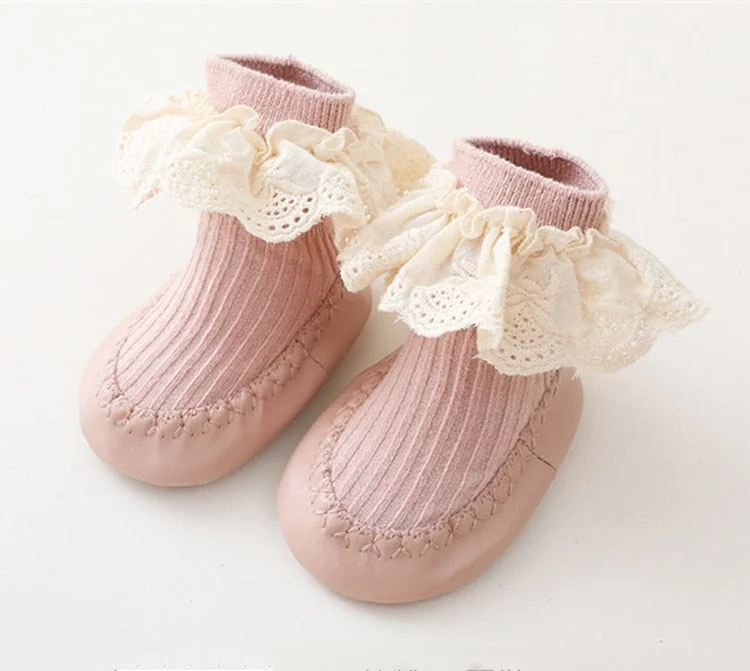 New Baby Ruffle Socks With Rubber Soles Infant Sock Newborn Autumn Children Floor Lace Flowers Shoes Anti Slip Soft Sole Sock