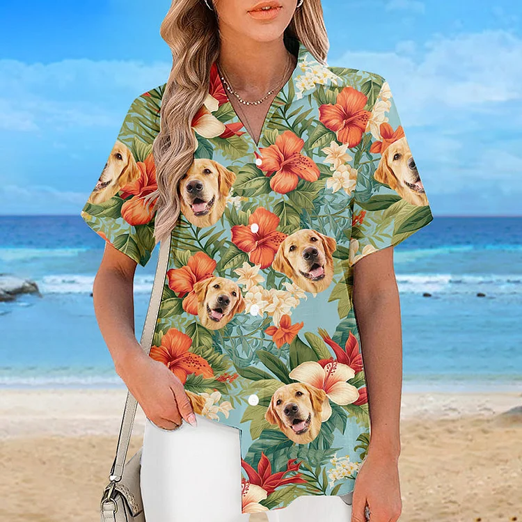 Hawaiian Tee with Dogs or Cats Face - Custom Button Shirt with Pet's Face made from photo - Summer Party Shirt - outlet Aloha Shirt