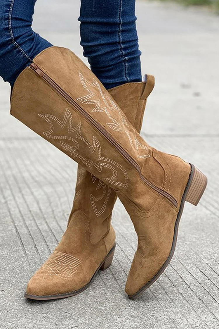 Vintage Khaki Embroidered Pointed Toe V-Cut Boots 2024 - Xpluswear