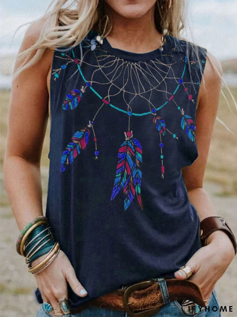 Sleeveless Printed Crew Neck T-shirt | IFYHOME