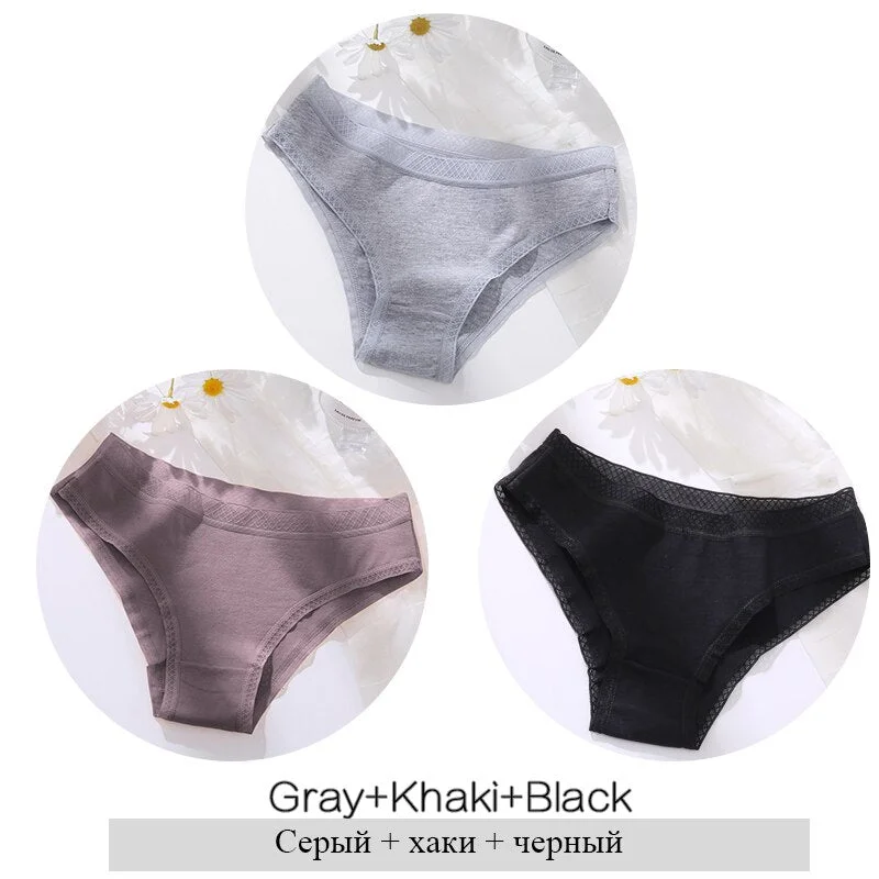 FINETOO Women Cotton Panties Sexy Lace Briefs 3Pcs/set Ladies Low Waist Underpants Comfortable Girls Underwear M-2XL Lingerie