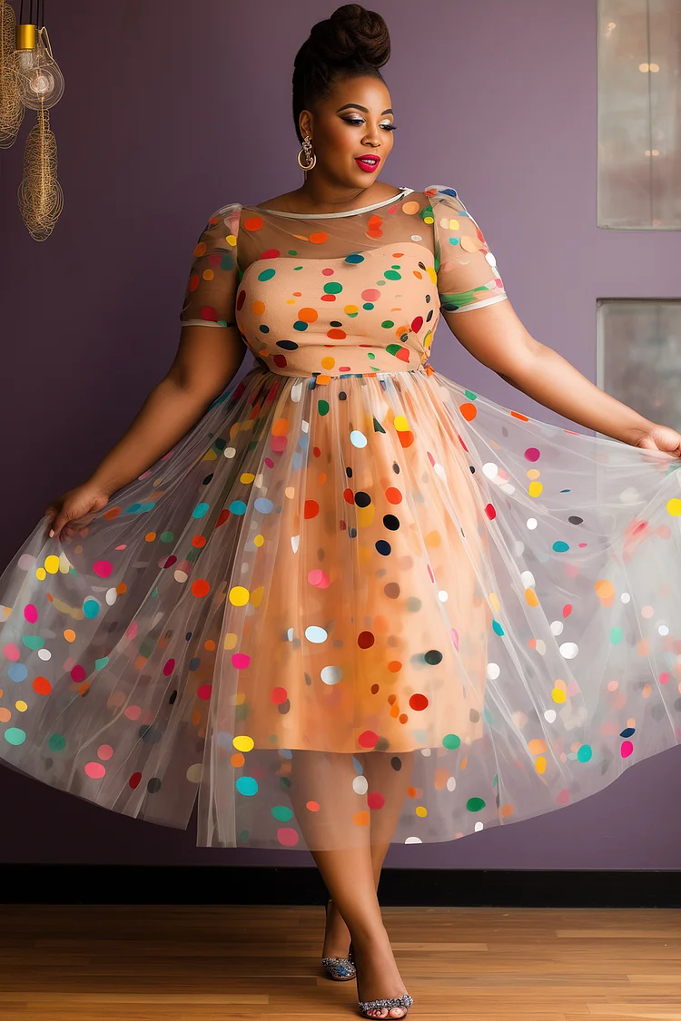 Xpluswear Design Plus Size Party Multicolor Polka Dot Round Neck Short Sleeve See Through Tulle Midi Dresses [Pre-Order] 2024 - Xpluswear