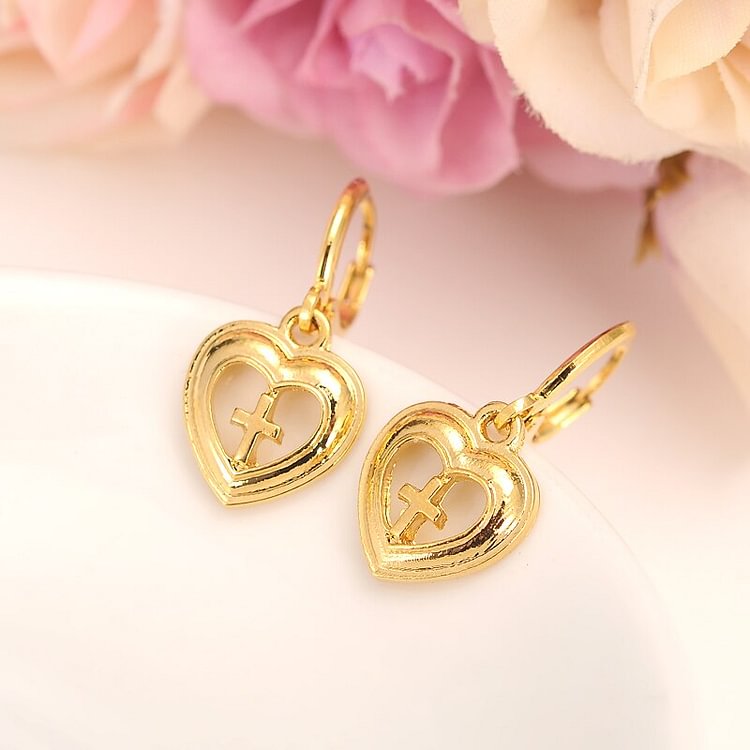 24K  1 pairs  Gold Heart drop cross Earrings Women/Girl