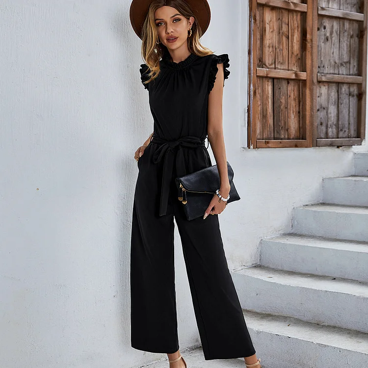 High Stretch Sleeveless Ruffle Wide Leg Jumpsuit Summer Jumpsuits Outfits