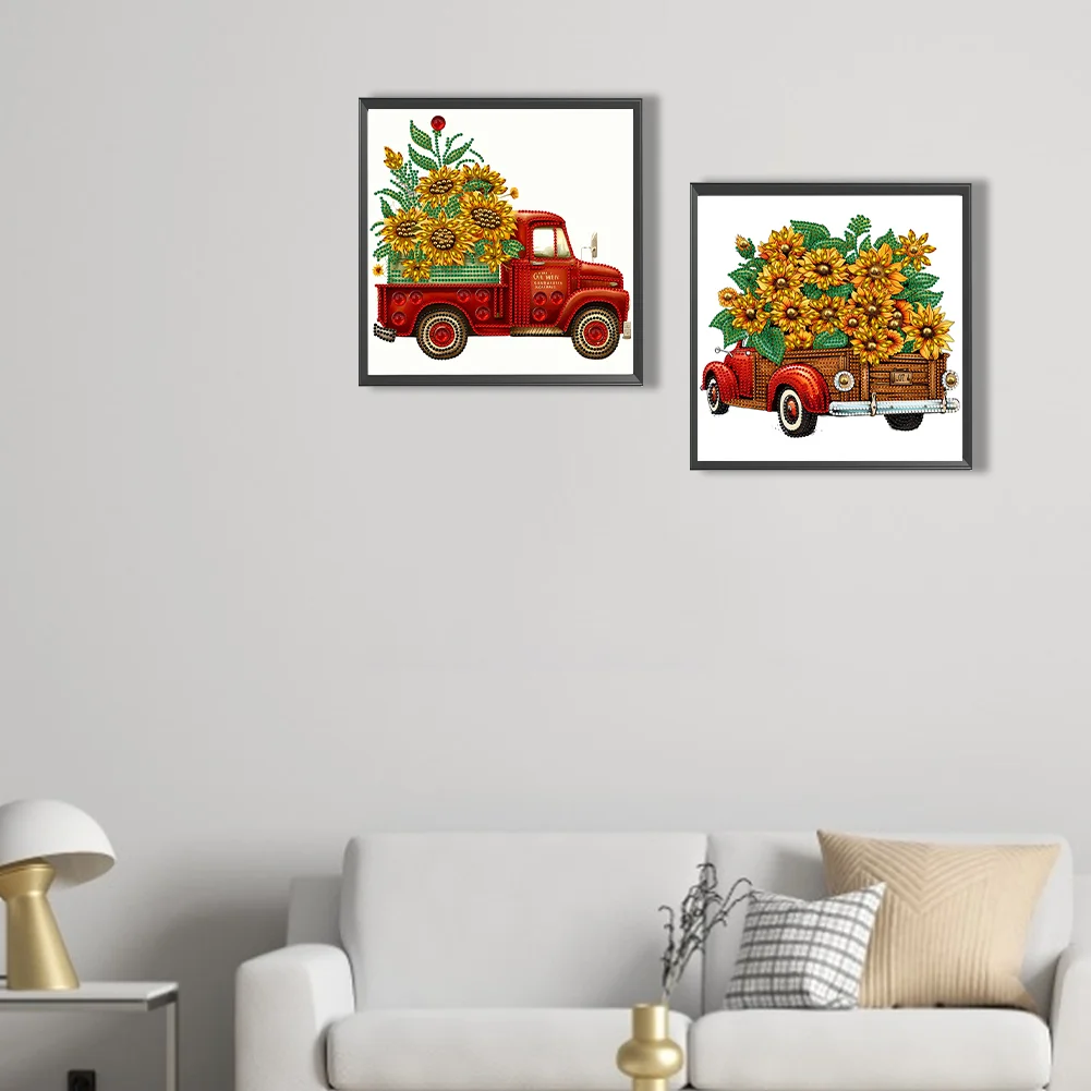 2pcs Special Shape Diamond Painting 30*30cm - Summer Sunflower Classic Car