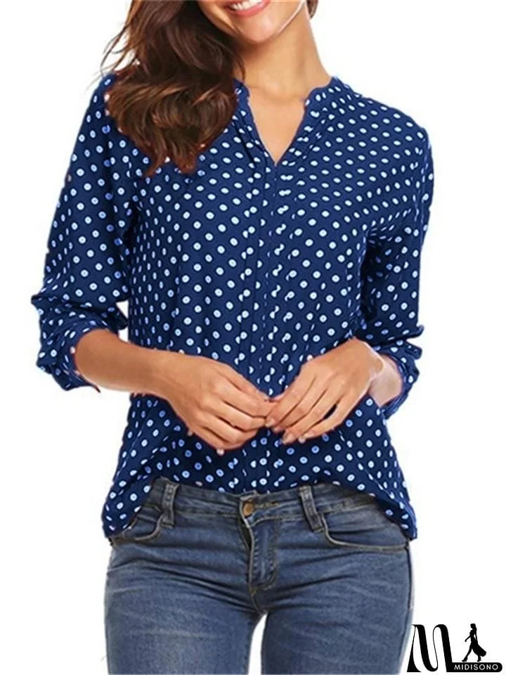 Casual Style Pullover V Neck Polka Dot Long Sleeve Silky Blouses