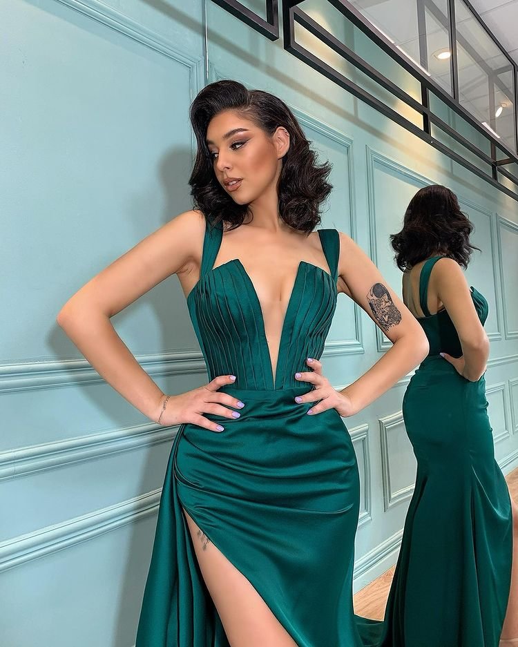 Bellasprom Dark Green Mermaid Prom Dress With Slit Starps 