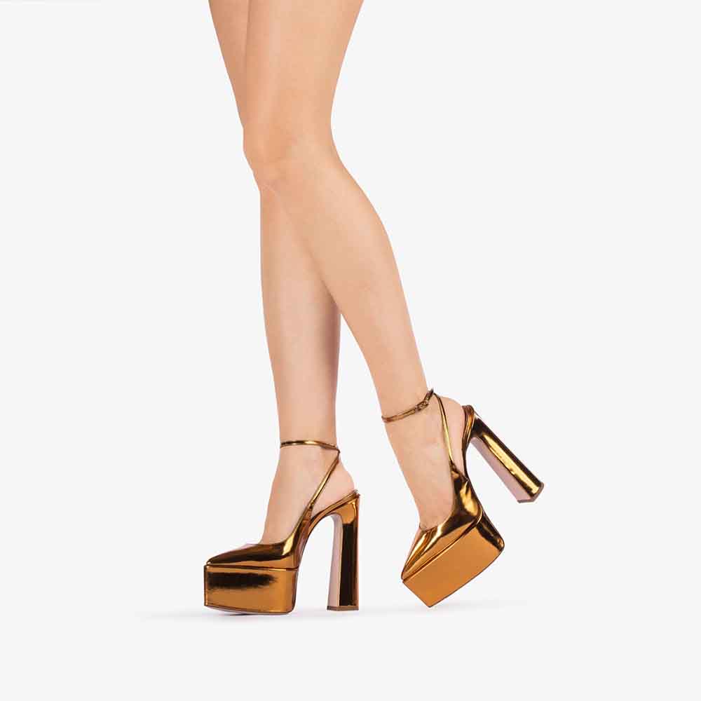 Marigold Orange Metallic Vegan Leather  Closed Pointed Toe Slingback Ankle Strappy Platform Pumps With Chunky Heels Nicepairs