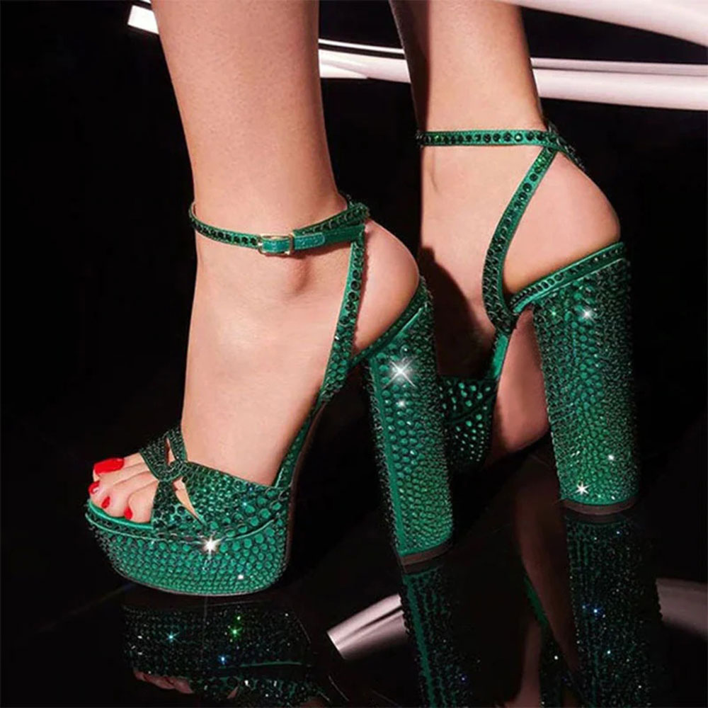 Shiny Green Rhinestone Sandals Open Toe Ankle Strap Platform Heels