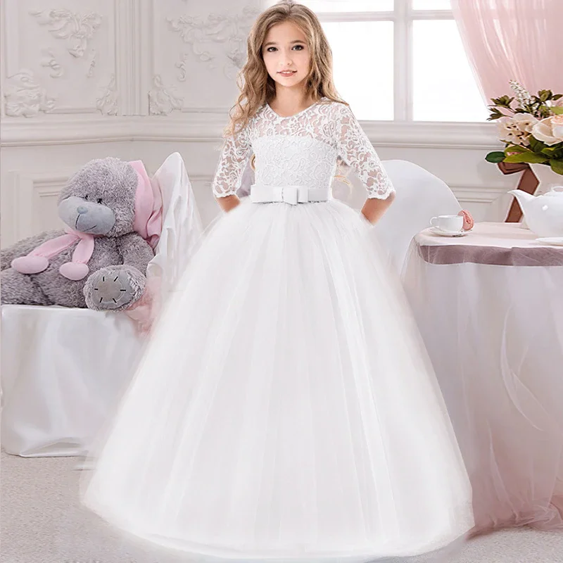 Uveng Girls White Pink Long Bridesmaid Dress Baby Kids Gown Clothes Children Princess Party Wedding Evening 10 12 13 Y Vestidos
