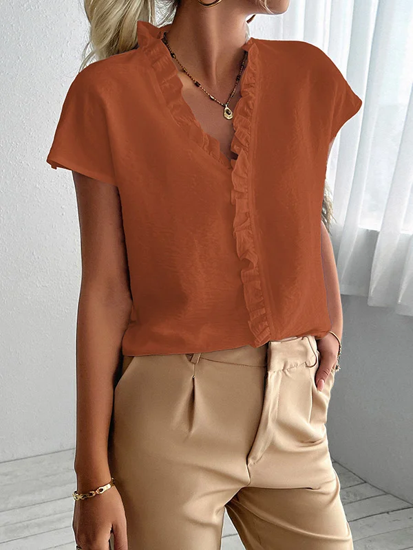 Solid Color Ruffle Trim Short Sleeves Loose V-Neck Blouses&Shirts Tops