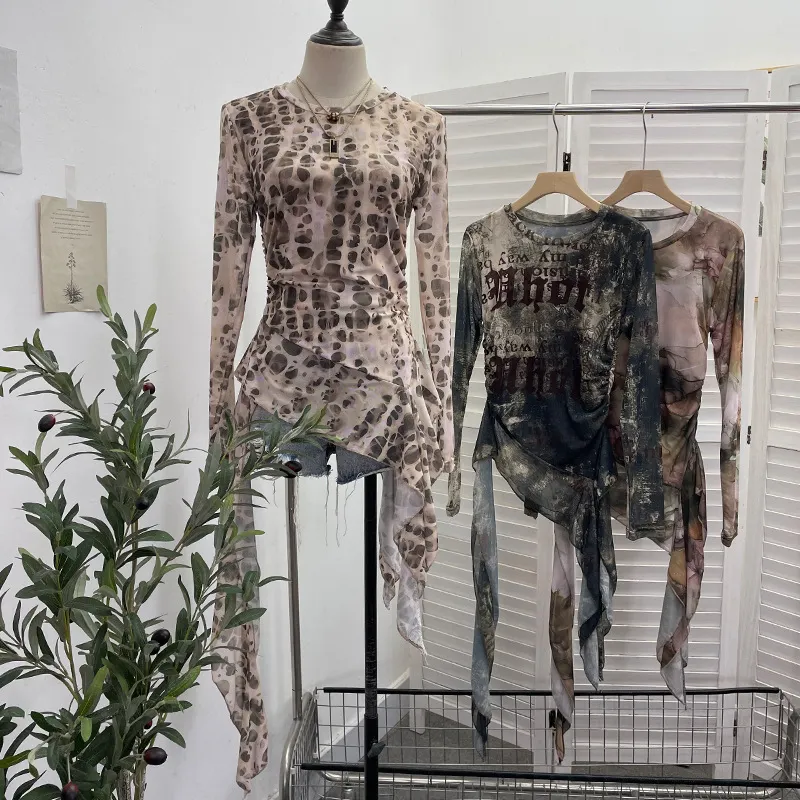 Uveng Real Shooting Babes Long Sleeves And Jersey Net Yarn Dye Printing Irregular Lotus Leaf Edge Ribbon Folding Top 9998