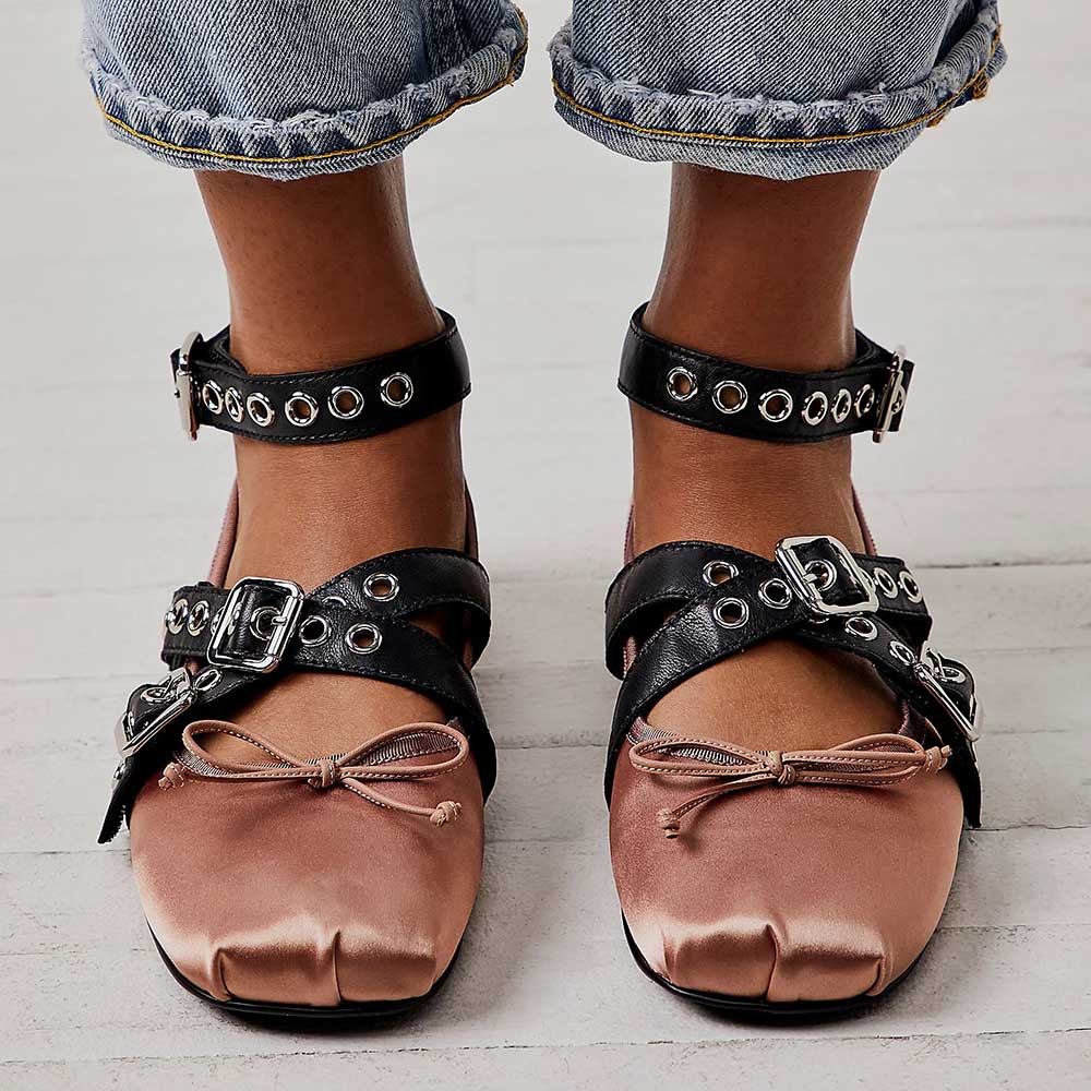 Pink Satin Square Toe Black Grommet Strappy Flat Shoes Women