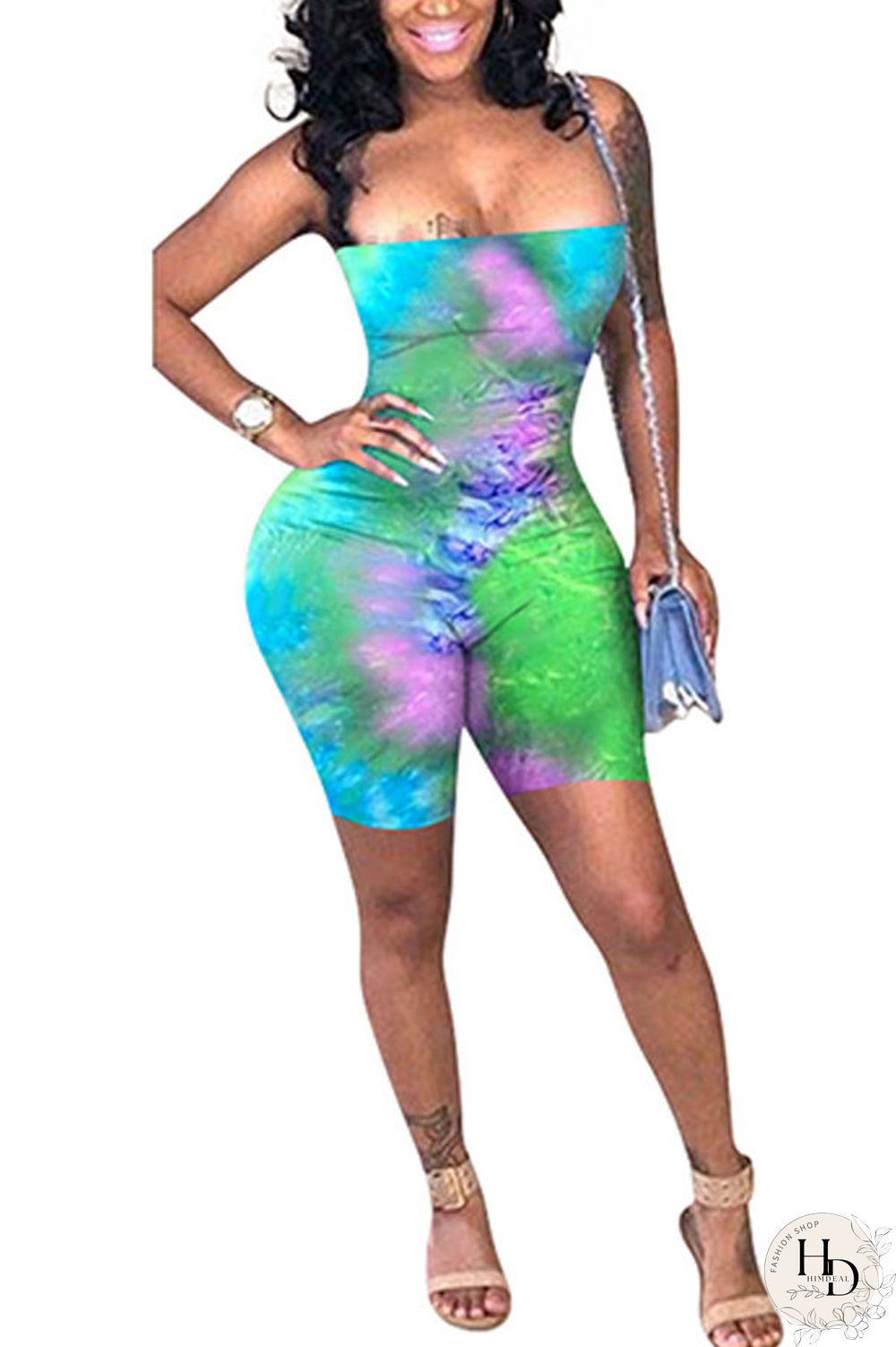 Green Fashion Sexy Coloured drawing Backless Polyester Sleeveless Slip Jumpsuits