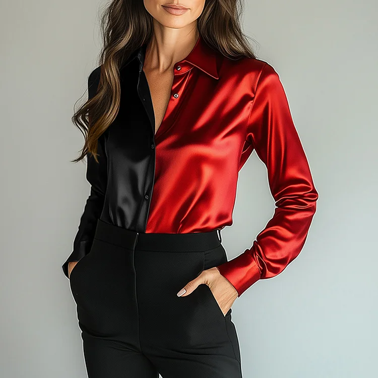 Ursime Satin Colorblock Shirt Collar Button Long Sleeve Blouse