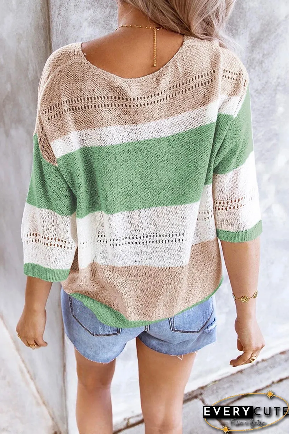 V Neck 3/4 Sleeve Knit T-Shirt Tops