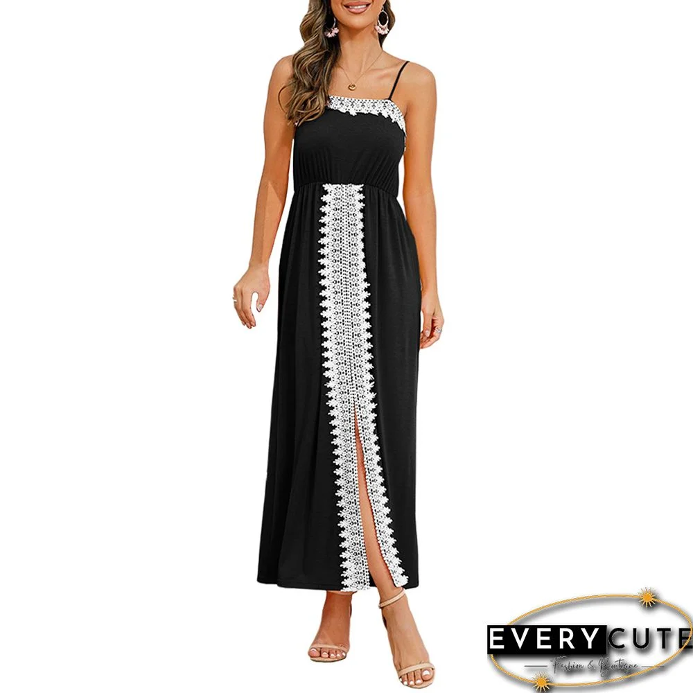 Black Spliced Lace Trim Spaghetti Straps Dress