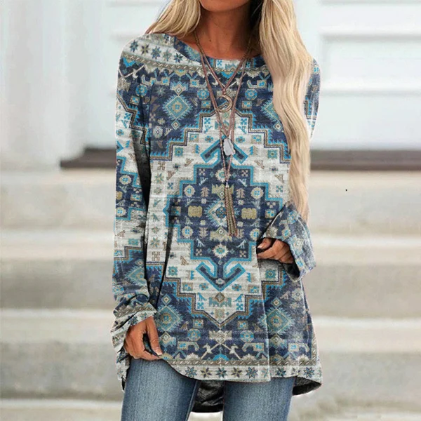 Vintage Western Print Long Sleeve Casual Tunic