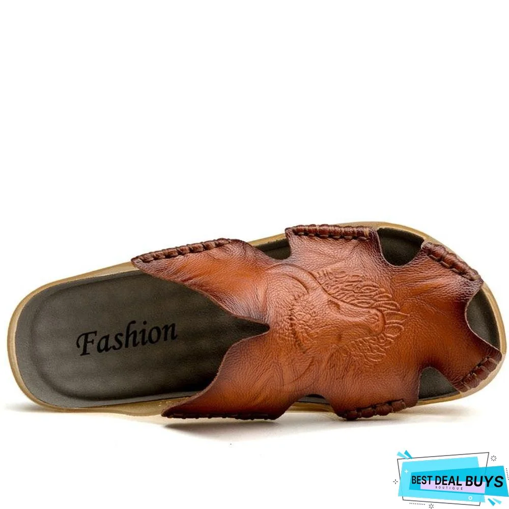 Men's Genuine Leather Non-Slip Sandal Shoes Breathable Beach Flip Flops Shoes