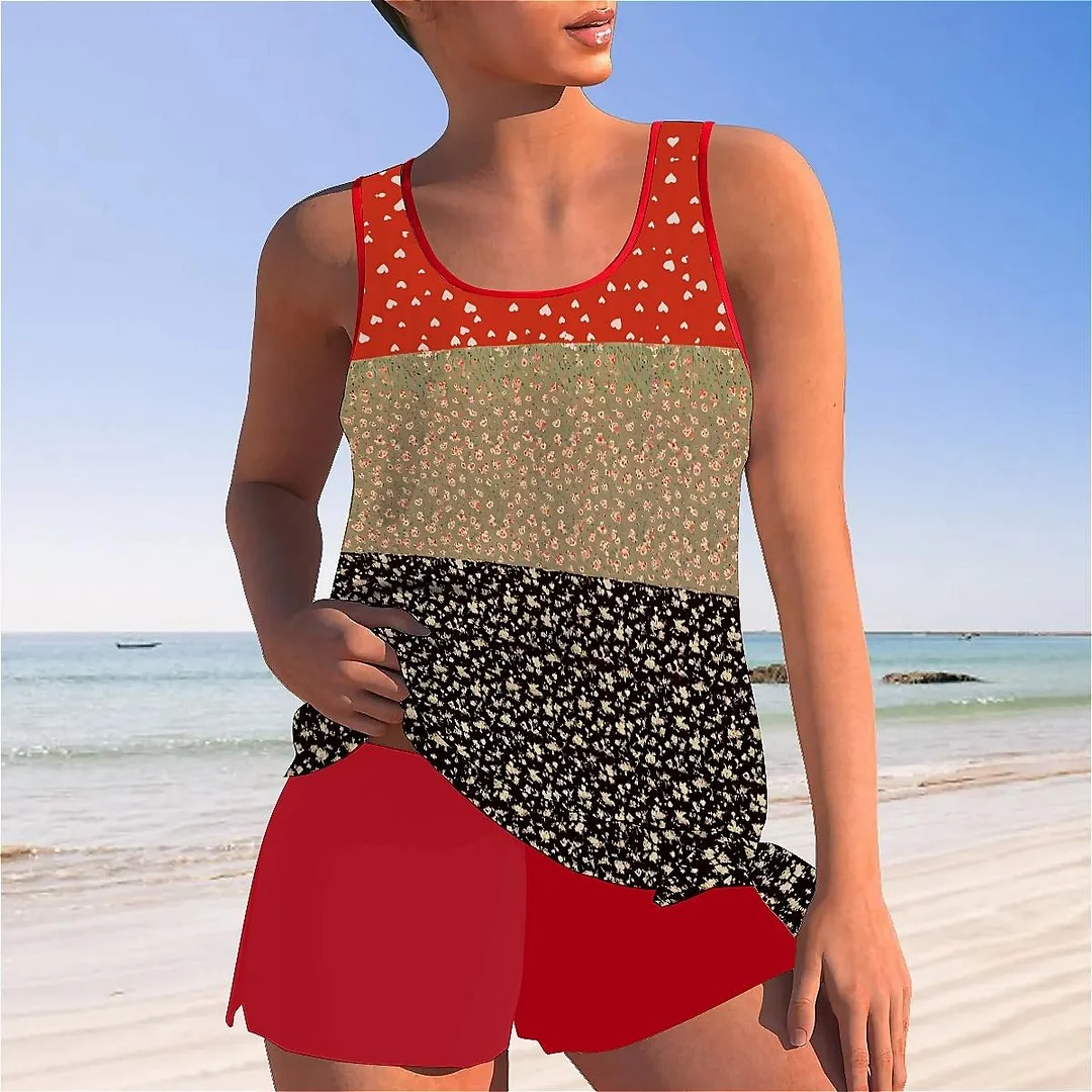 Bowknot Floral,Heart,Red,Light Coffe,Navy,Stitch Mid Waisted Tankini Set - Plus Size Available