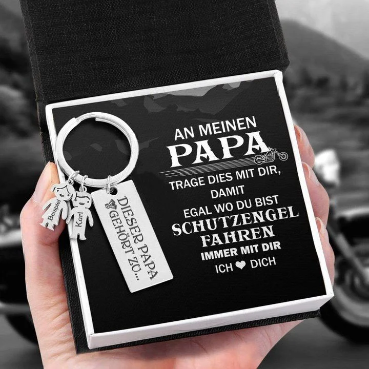 Personalisierter 2 Kinder Namen Schlüsselanhänger - Motorradfahrer - An Meinen Papa - Geschenkkarte Set
