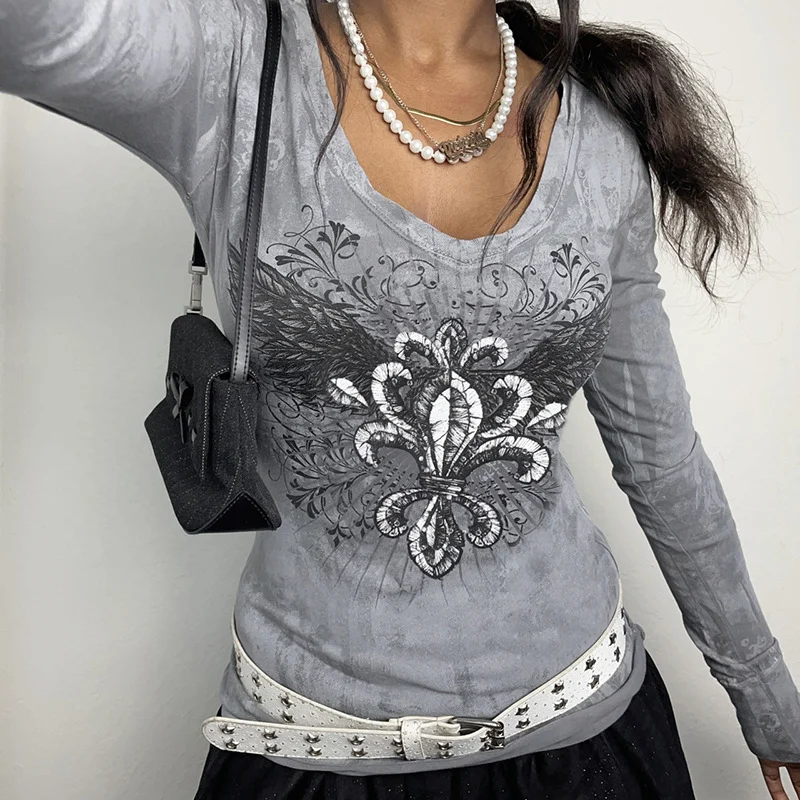 Wings Print V-Neck Long Sleeve T-Shirt