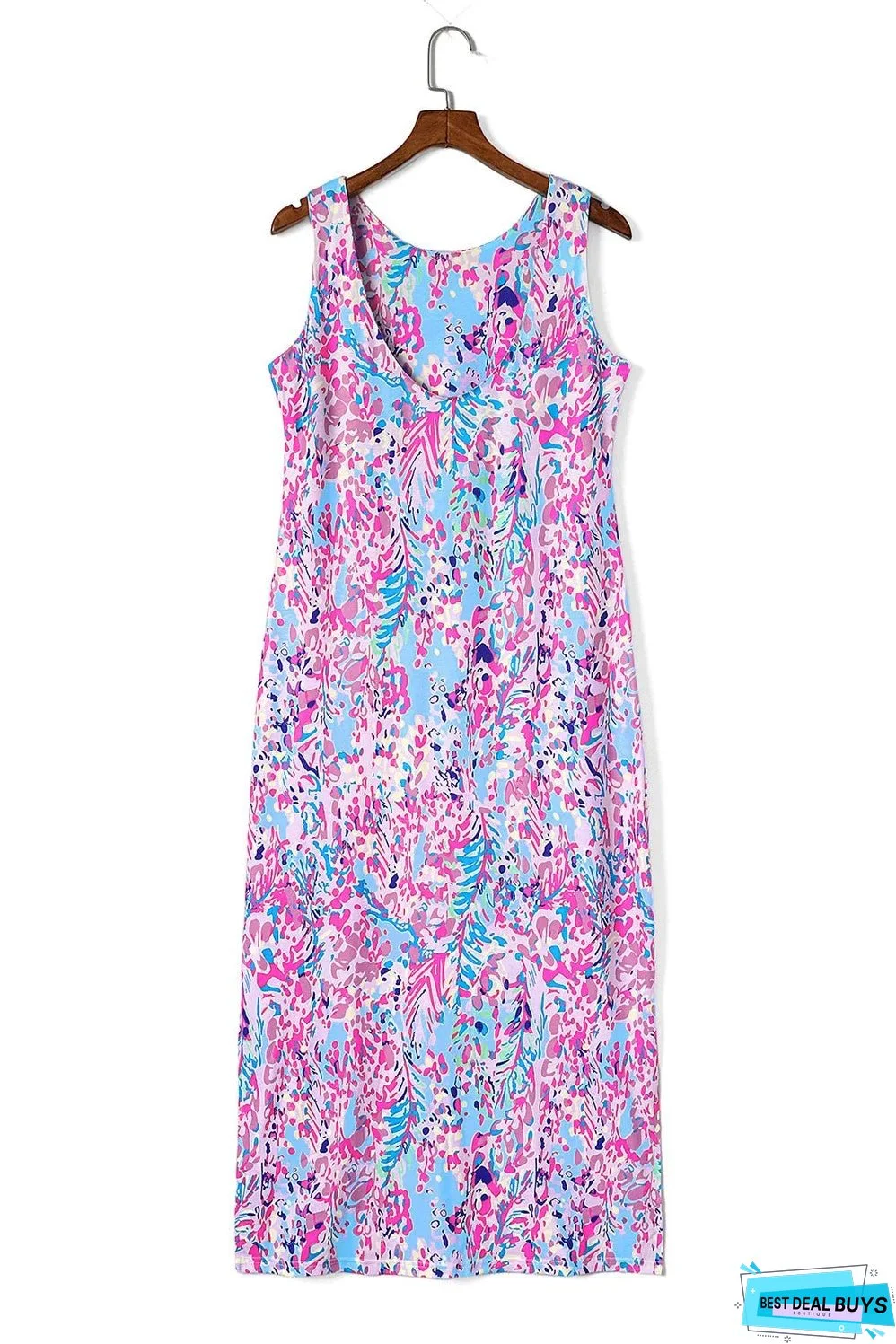 Purple Abstract Floral Print Sleeveless Maxi Dress