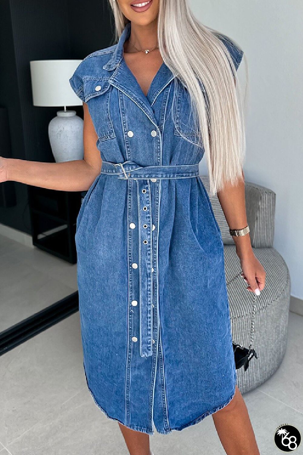 Medium Blue Casual Solid Patchwork With Belt Turndown Collar Sleeveless Regular Denim Dresses | 168DEAL