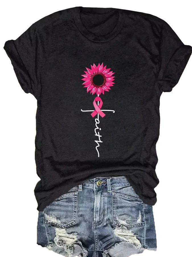 Women's Faith Hope Love Breast Cancer Awareness Sunflower Pink Ribbon T-Shirt