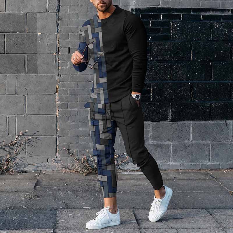 Men's Abstract Splicing Casual Long Sleeve T-Shirt And Pants Co-Ord