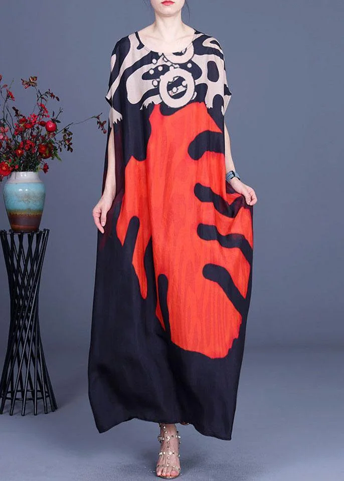 Bohemian Red Print O-Neck Silk Summer Maxi Dresses