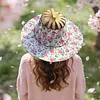 2 in 1 Bamboo Foldable Hand Fan Sun Hat Floral Printed Chinese Style Handheld Foldable Wide Brim Hat for Women Outdoor Beach Travel Accessory