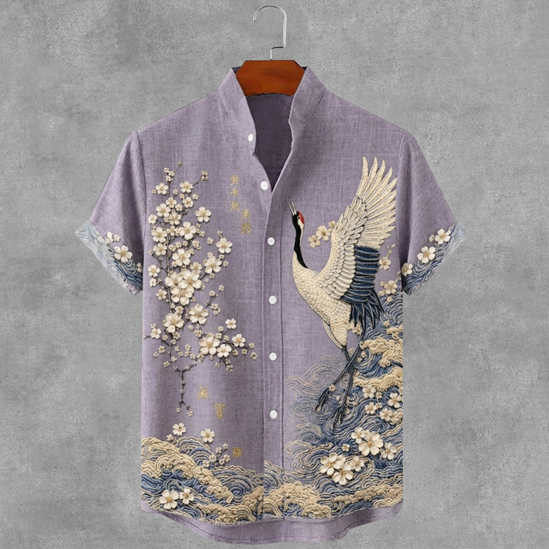 Japanese Style Cherry Blossom And Crane Art Embroidered Short Sleeve Shirt elevenforest