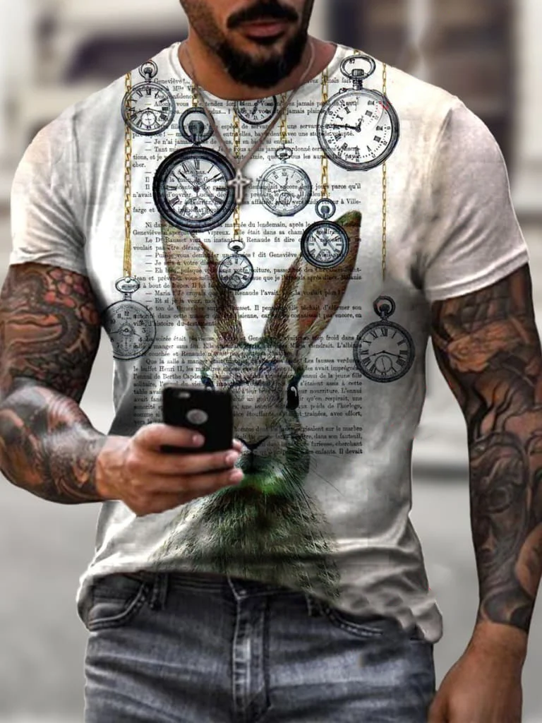Pocket Watch Rabbit Retro Print Short Sleeve T-shirt / [viawink] /