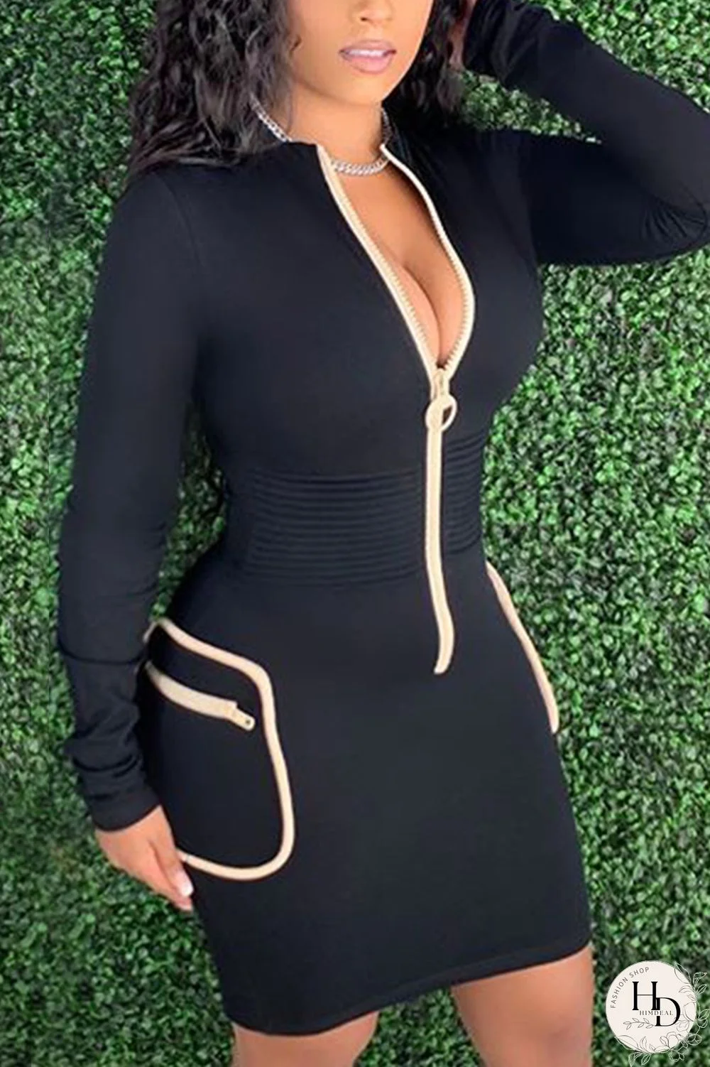 Black Fashion Sexy Solid Split Joint Zipper Collar Long Sleeve Dress