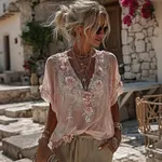 Women's Bohemian Retro Pink Floral Pattern Short-sleeve Top - Image 2