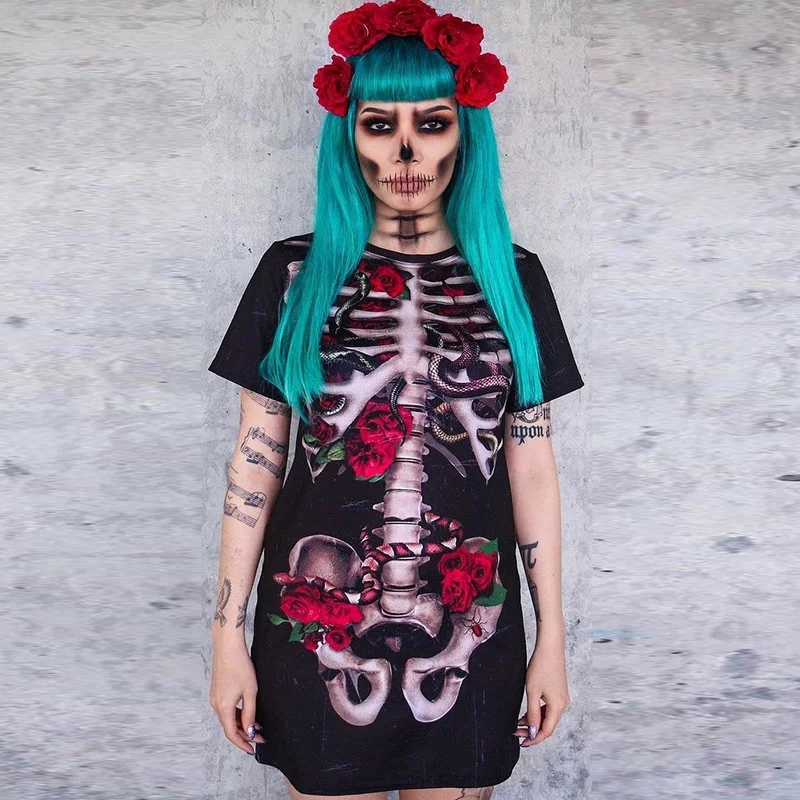 Woherb Woherb 022 Spot 2024 Halloween Women's Cosplay Party Dress Skull Print Short Sleeved Dress-Outfit Ideas