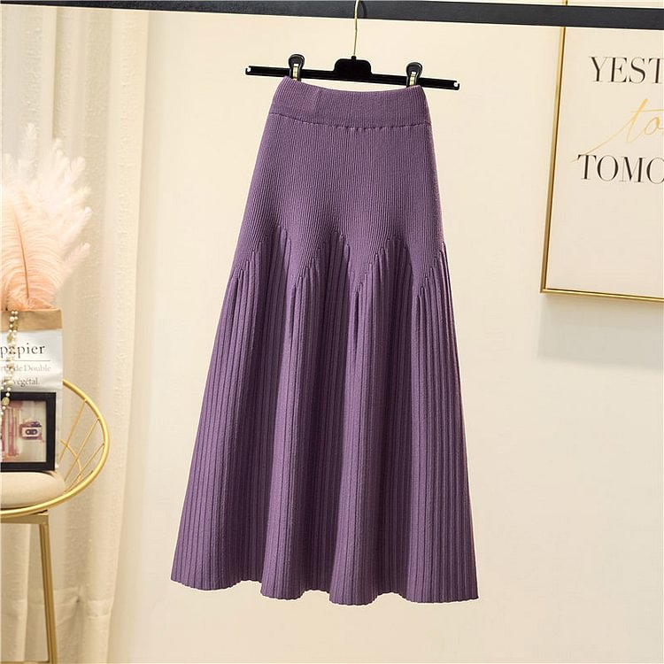 Pure Color Elastic A-line Pleated Skirt - Modakawa Modakawa
