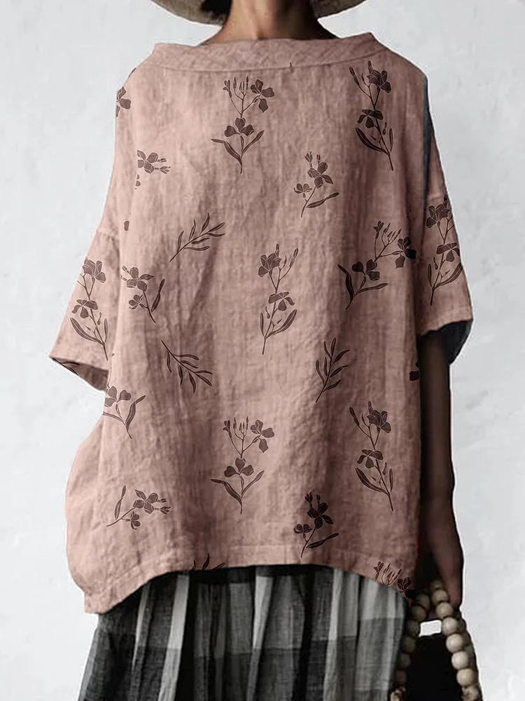 Women's Retro Elegant Floral Cotton and Linen Top