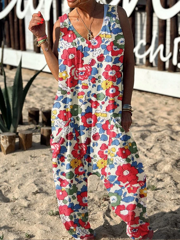 Retro Floral Pattern Hippie Art Print Casual 100% Cotton Wide Leg Jumpsuit